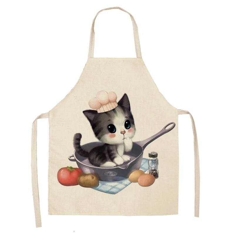 Kitchen Apron for Woman Cute Cartoon Cat Printed Sleeveless Cotton Linen Aprons For Cooking Home Cleaning Tools 53*65cm A1008 - Цвет: E