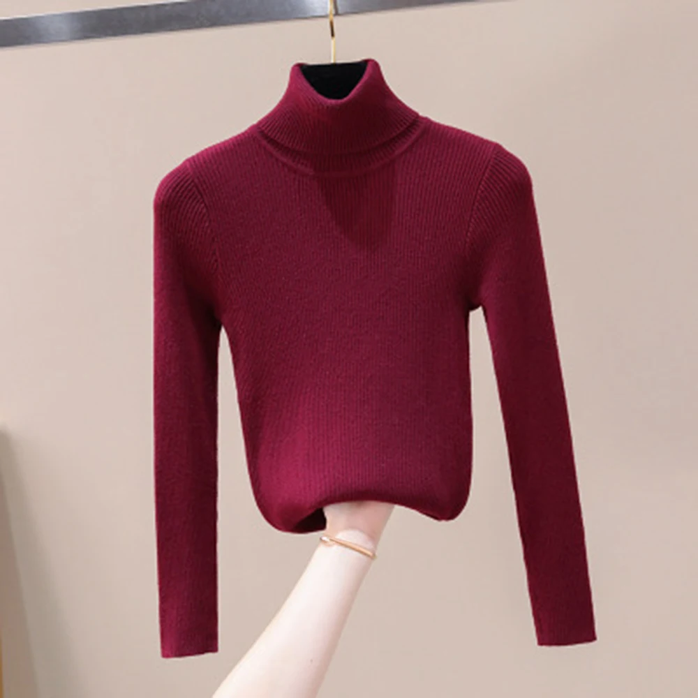 CALOFE Осень Зима Женский вязаный свитер с высоким воротом мягкий джемпер с воротником поло модный тонкий женский эластичный пуловер
