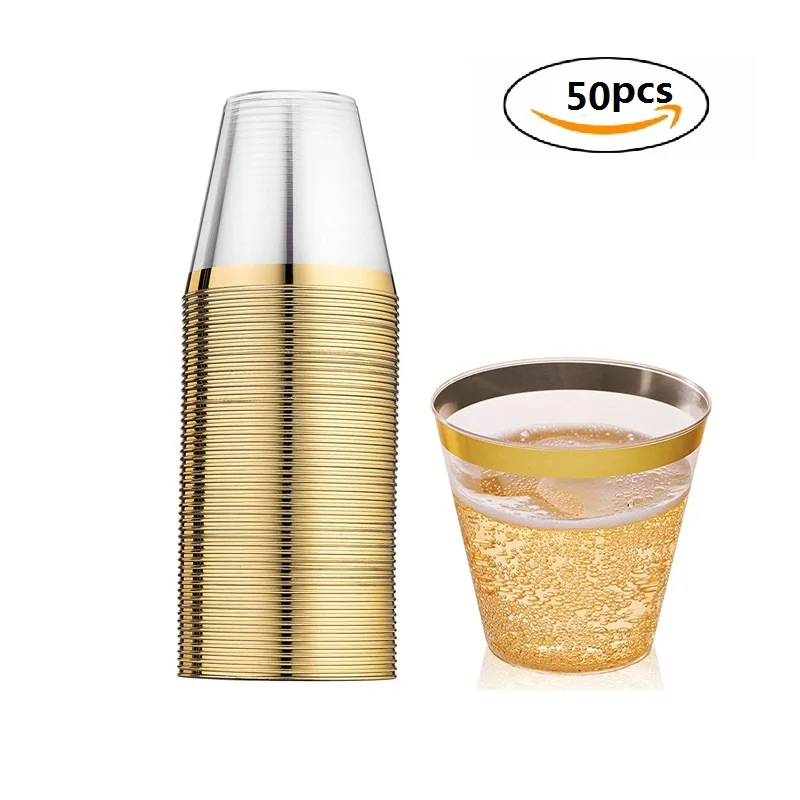 Gold cups 50pcs 50 шт., 9 унций, одноразовые салфетки, скатерть, полотенце, розовое золото, ободок, прозрачные пластиковые стаканчики, для свадьбы, дня рождения, вечеринки, вечерние украшения, набор - Цвет: Gold cups 50pcs