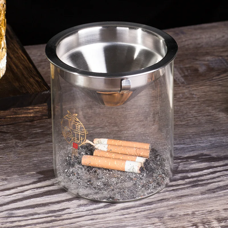 Creative stainless steel ashtray home anti-fly ash living room office personality trend ashtray glass ins wind