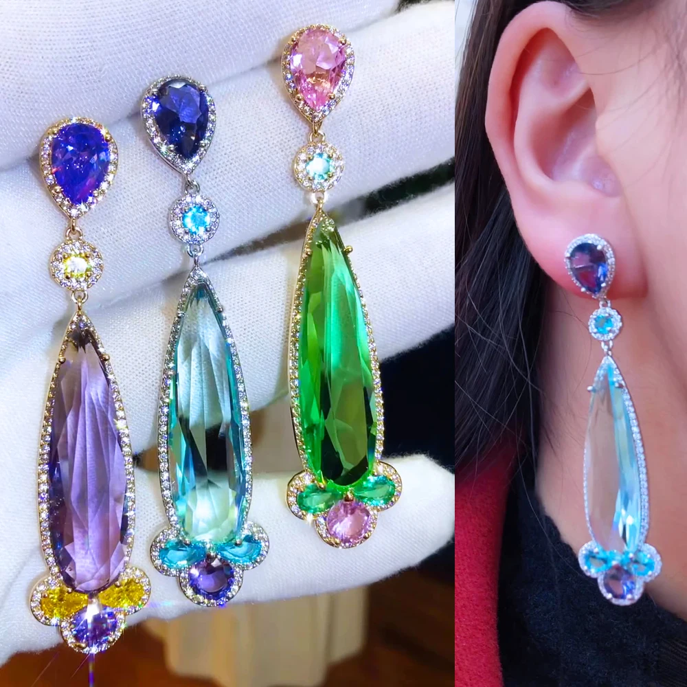 

Soramoore Long Romantic Shiny Trendy CZ Drop Pendant Earrings For Women Bridal Wedding Party Show Girl Daily Surper Gift Jewelry