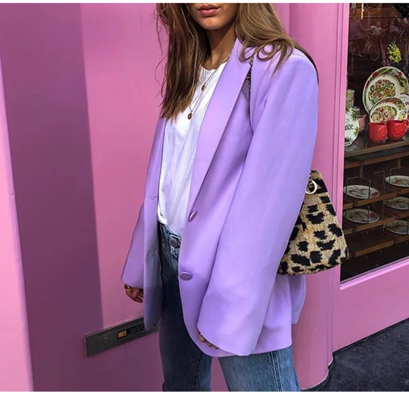 DICLOUD Violet Oversize Blazer With Pocket Women Autumn Winter Long Sleeve Solid Long Jacket Office Lady Fashion Streetwear
