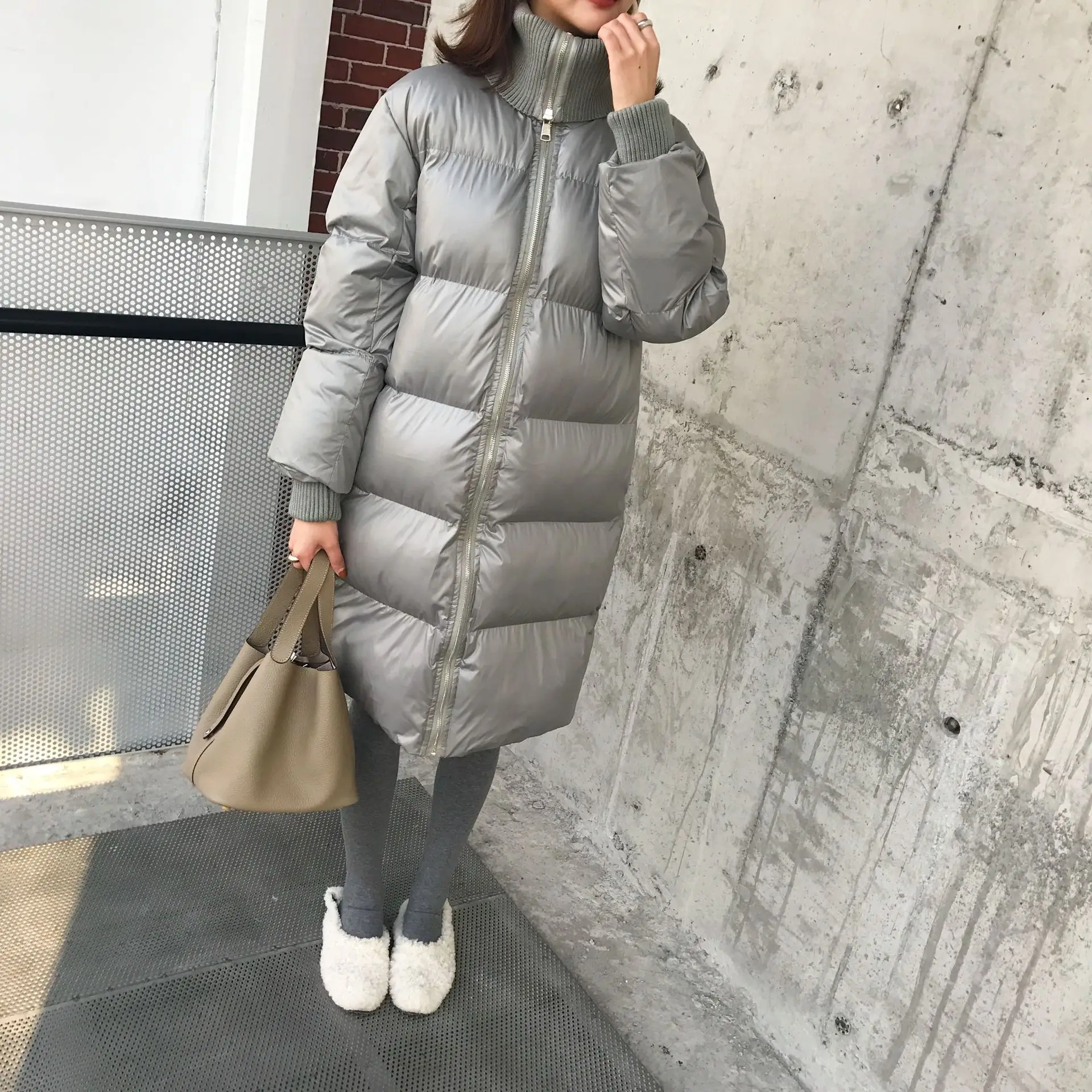 

2018 Winter New Style Knitted Joint High Collar Straight-Cut Korean-style Solid Color Mid-length Cotton Coat WOMEN'S Dress F3977