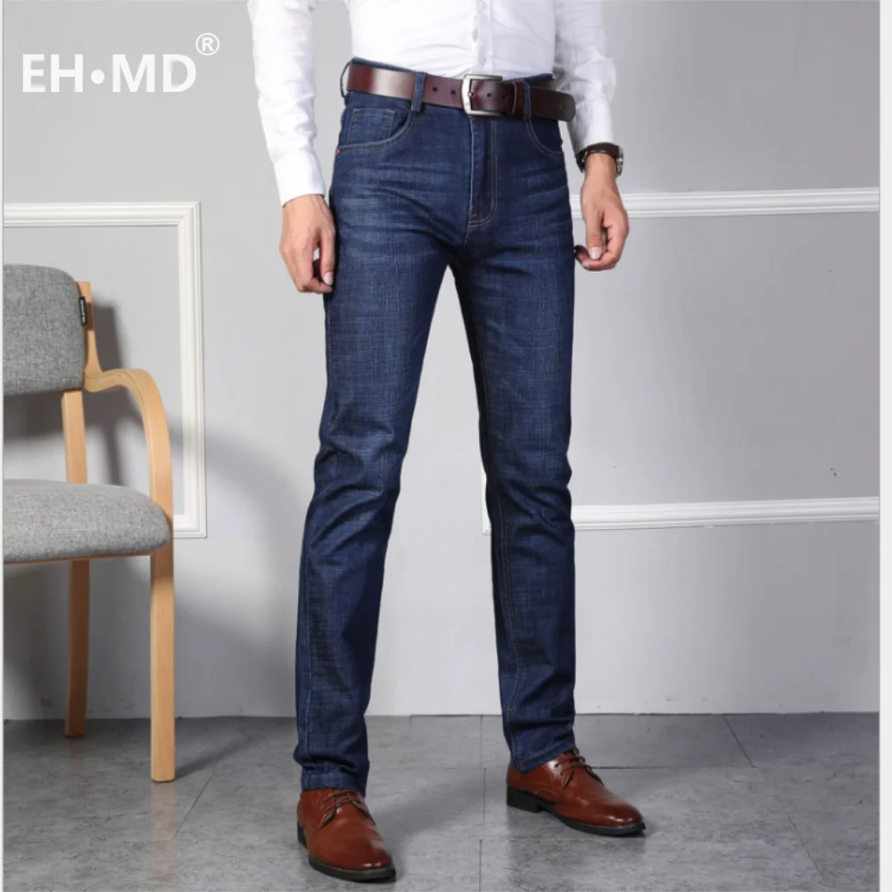 

EH·MD® Pure Color Warm Jeans Men's Slim Fit Fall Winter High-end Retro Bleached Business Straight Pants Men's Office Workers New