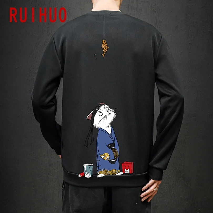 RUIHUO 2020 Осенняя белая толстовка с принтом кота мужская Японская уличная Мужская