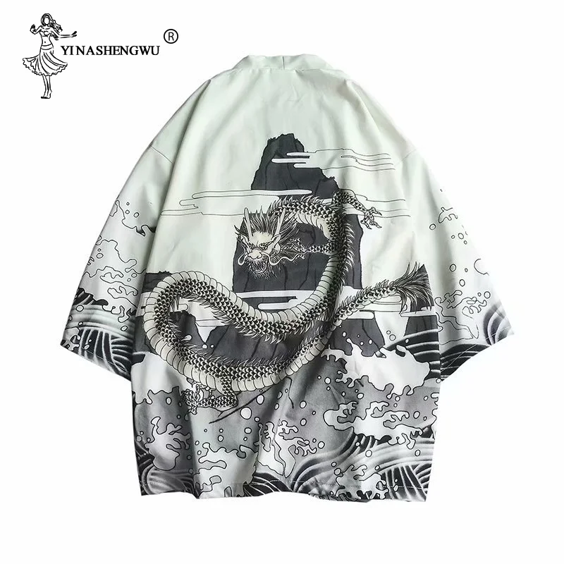 Kimono Tops Yukata Women Cosplay Costume Kimono Harajuku Japanese Streetwear Style Waves Flying Dragon Loose Chiffon Cardigan