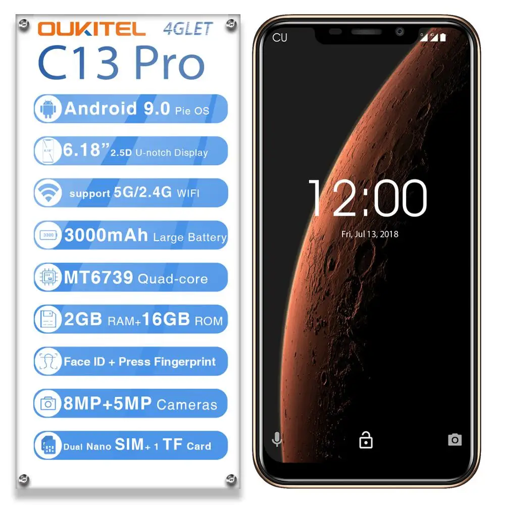 OUKITEL C13 Pro 4G смартфон 5G/2,4G wifi 6,1" 19:9 2 ГБ 16 ГБ Android 9,0 MT6739 четырехъядерный мобильный телефон с функцией распознавания лица и отпечатка пальца