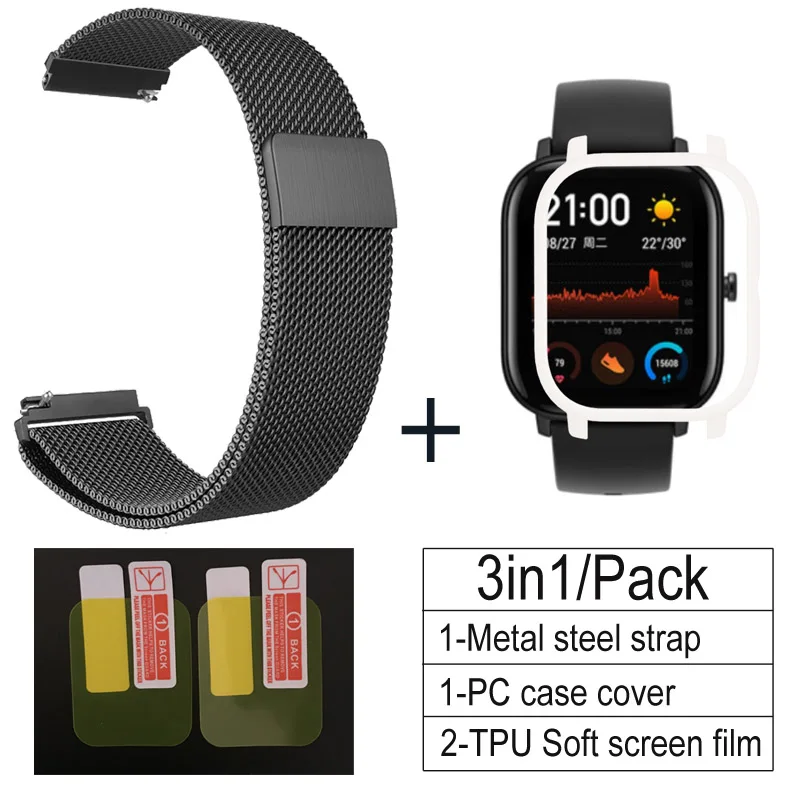 3в1 металлический ремешок для Amazfit GTS, чехол-браслет для Huami Amazfit GTS, защитная пленка для экрана, бампер, аксессуары - Цвет: black-white
