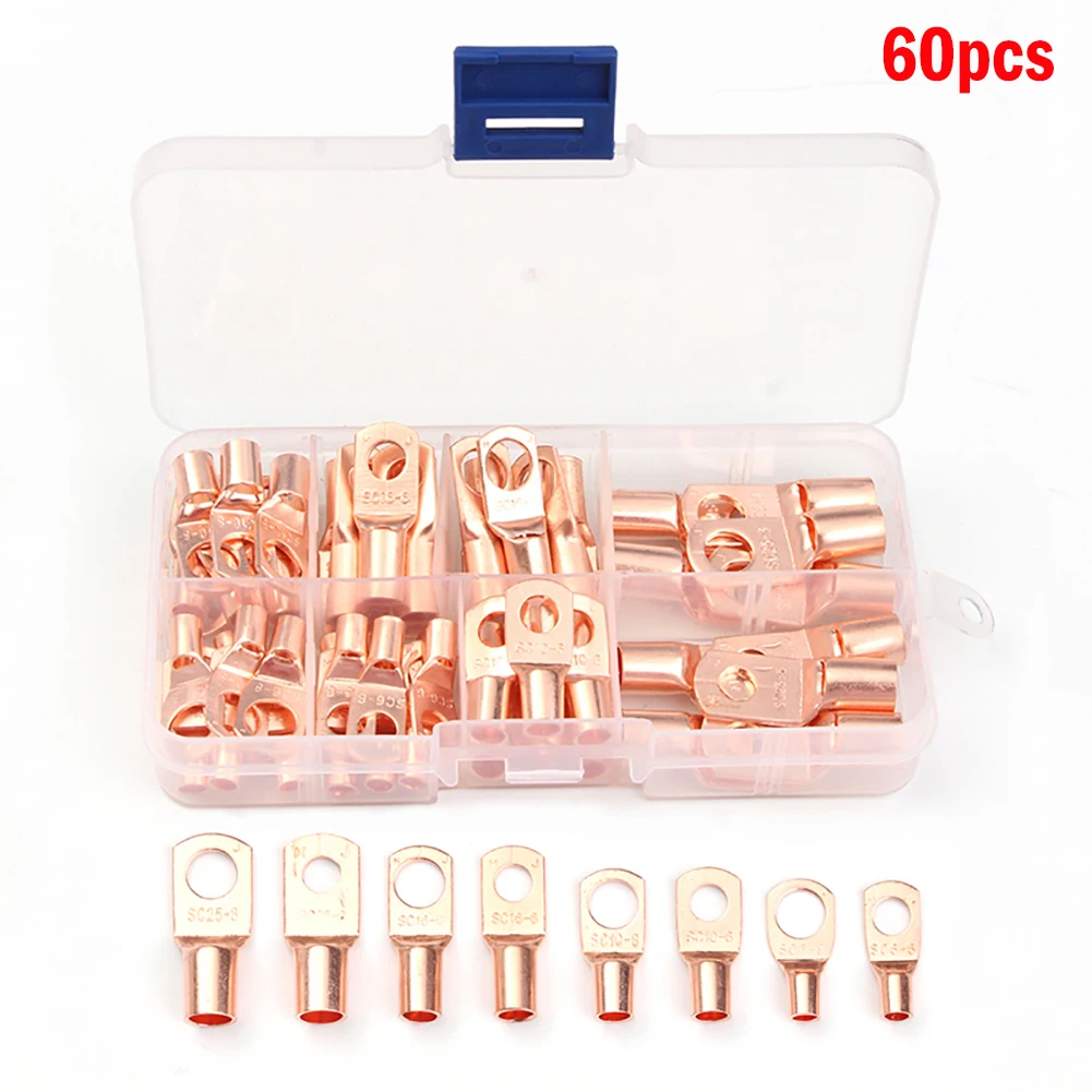 

60x Copper Ring Terminal Block Copper Tube Terminal Set Battery Welding Cable Lug Ring Crimp Connectors Tool Gauge SC6-SC25 Kit