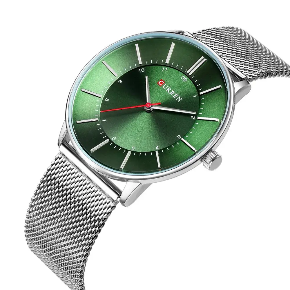 CURREN Newest Design Silver Stainless Steel Military Watch Fashion Green Dial Smart Quartz Waterproof Mesh Clock Man |