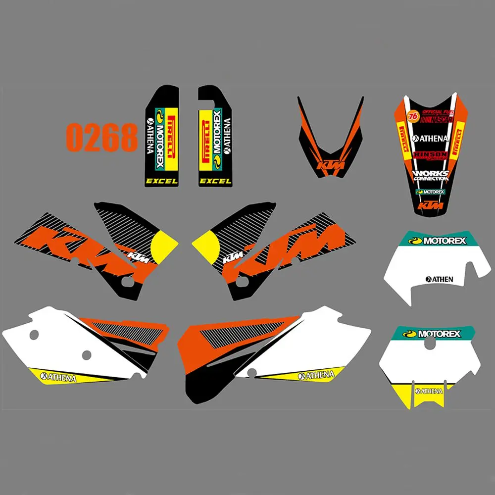 

Full Graphics Decals Stickers Kit Custom Number Name Glossy Stickers For KTM 125 200 250 300 400 450 525 540 EXC 2005 2006 2007