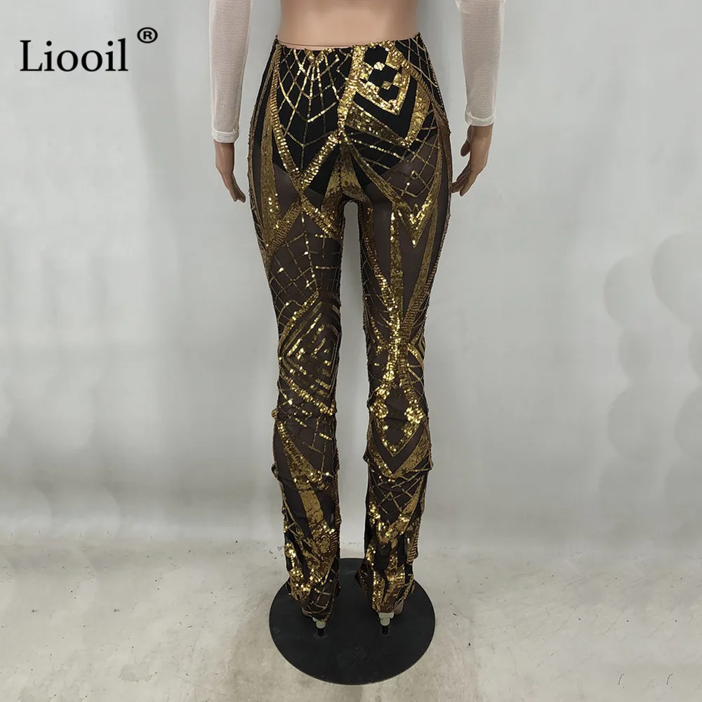 Liooil, сетчатые, прозрачные, с золотыми блестками, с высокой талией, брюки для женщин,, уличная одежда, с рюшами, низ, бодикон, брюки, сексуальные, Клубные, длинные, узкие брюки