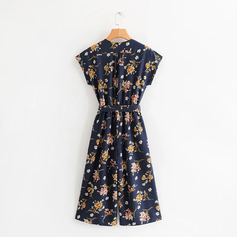 

women vintage floral pattern jumpsuit v neck bow tie sashes elastic waist pockets female causal playsuits tops