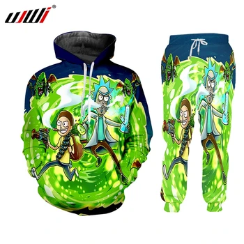 

UJWI Brand 2 Pieces Sets Tracksuit Men New Autumn Winter Hooded Sweatshirt +Drawstring Pants Male rick and morty