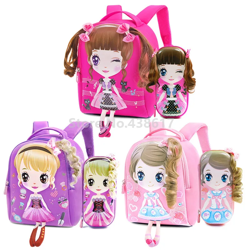 

New 3D Pink Purple Sweet Girl Princess School Bag With Pencil Case Set For Girls Kids Children Kindergarten Preschool School Bag