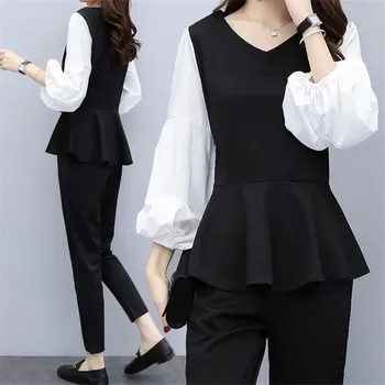 

L-5XL Black white 2 Piece Set Women Plus Size Lantern Sleeve Tops And Pants Sets Suits Spring Autumn Casual Office Women's Sets