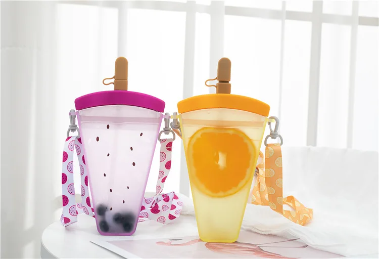 350ml Creative Fruit Ice Cream Plastic Straw Cup with Lid Personality Cup Outdoor Sports Portable Cup with Strap Water Bottle