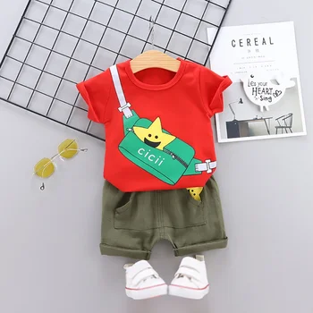 

Children Summer Boys Clothes New Cartoon Printed Short Sleeve O-Collar Blouse Casual Tops Solid Color Shorts Two-Piece Suit