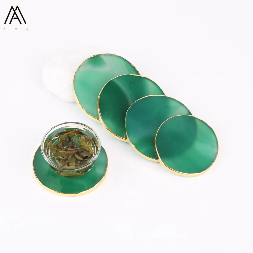 

3PC Approx 65-90mm Plated Gold Edges Natural Green Agates Round Shape Coaster Teacup Mat Home Kitcken Office Table Mat CX-06AMAJ
