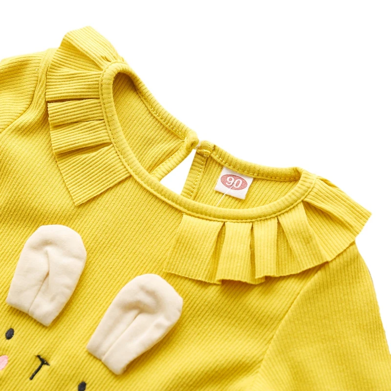 Children Baby Girl Clothing Round Neck Cute Rabbit Decoration Solid Color Long Sleeve Cotton Bottoming Casual Spring Autumn Tops