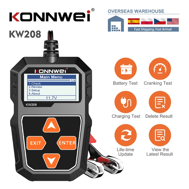 جهاز اختبار بطارية 12 فولت KONNWEI KW208 جهاز اختبار بطارية السيارة 100 2000CCA مُحلل بطارية شحن اختبار التحريك اختبار PK KW650