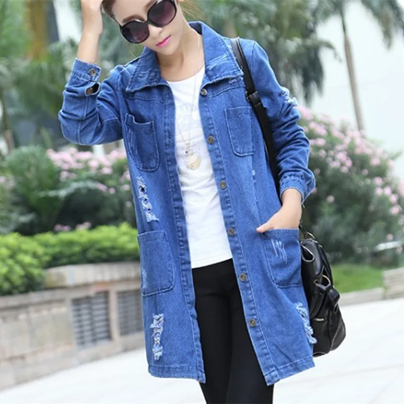 

Denim Jacket Casual Sports Baseball Mid-length Lapels and Holes Blue Jean Jacket Long Sleeve Plus Size S - 5XL Female Clothing