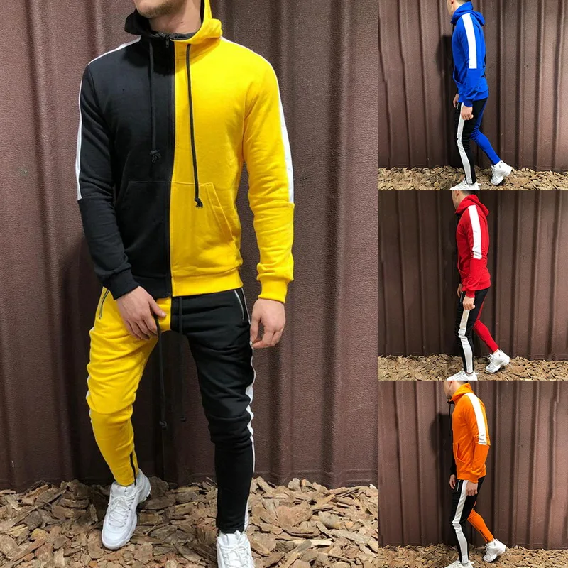 

Men 2Pcs Tracksuit Hoodies+Jogging Survetement Sporting Suit Jacket Set Autumn winter Patchwork Drawstring Casual Mens Clothing