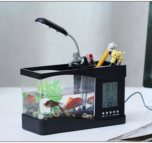 Amazon USB Fish Tank Calendar Pen Holder Acrylic Table Organizer Desktop Pen Holders