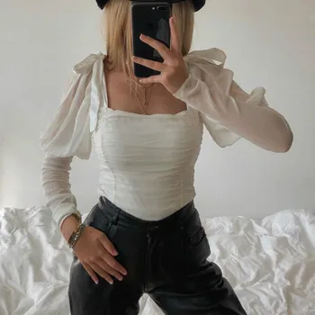 

Vintage Square Collar Fashion Ruched Blouse Shirt Casual Women Crop Tops Short Puff Long Sleeve Autumn Top Mesh Blouses