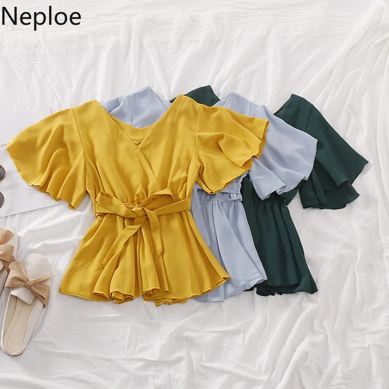 

Neploe Chiffon Ruffles Women Blouses 2020 Kong-Style V Neck Butterfly Sleeve Blusas Solid Drawstring Slim Waist Shirt 80737
