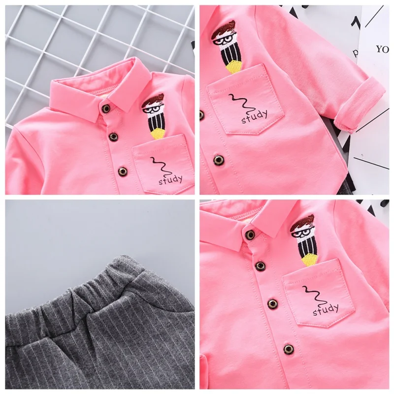 Autumn Baby Boys Clothes Suits Casual Long Sleeve Cartoon Print Shirt Blouse Tops+Stripe Pants Trouser Set