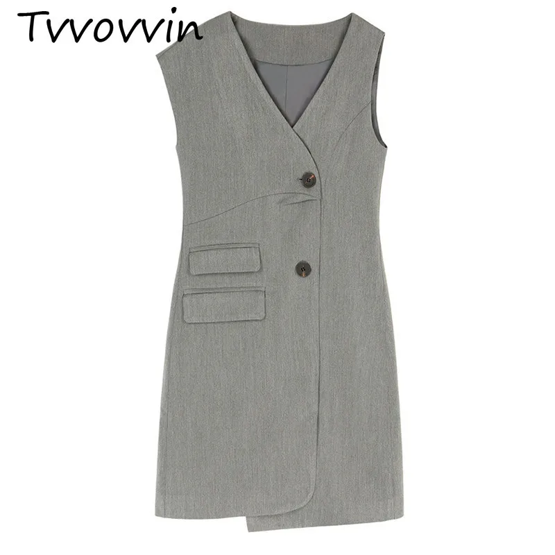 

TVVOVVIN Button Pockets Spliced Temperament Women Dress New V-neck Sleeveless Loose Fit Fashion Tide Spring Autumn 2019 C682