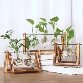 

Desktop Clear Glass Planter Bulb Vase Terrarium Retro Wood Stand Home Decor for Hydroponics Plants Home Office Decoration