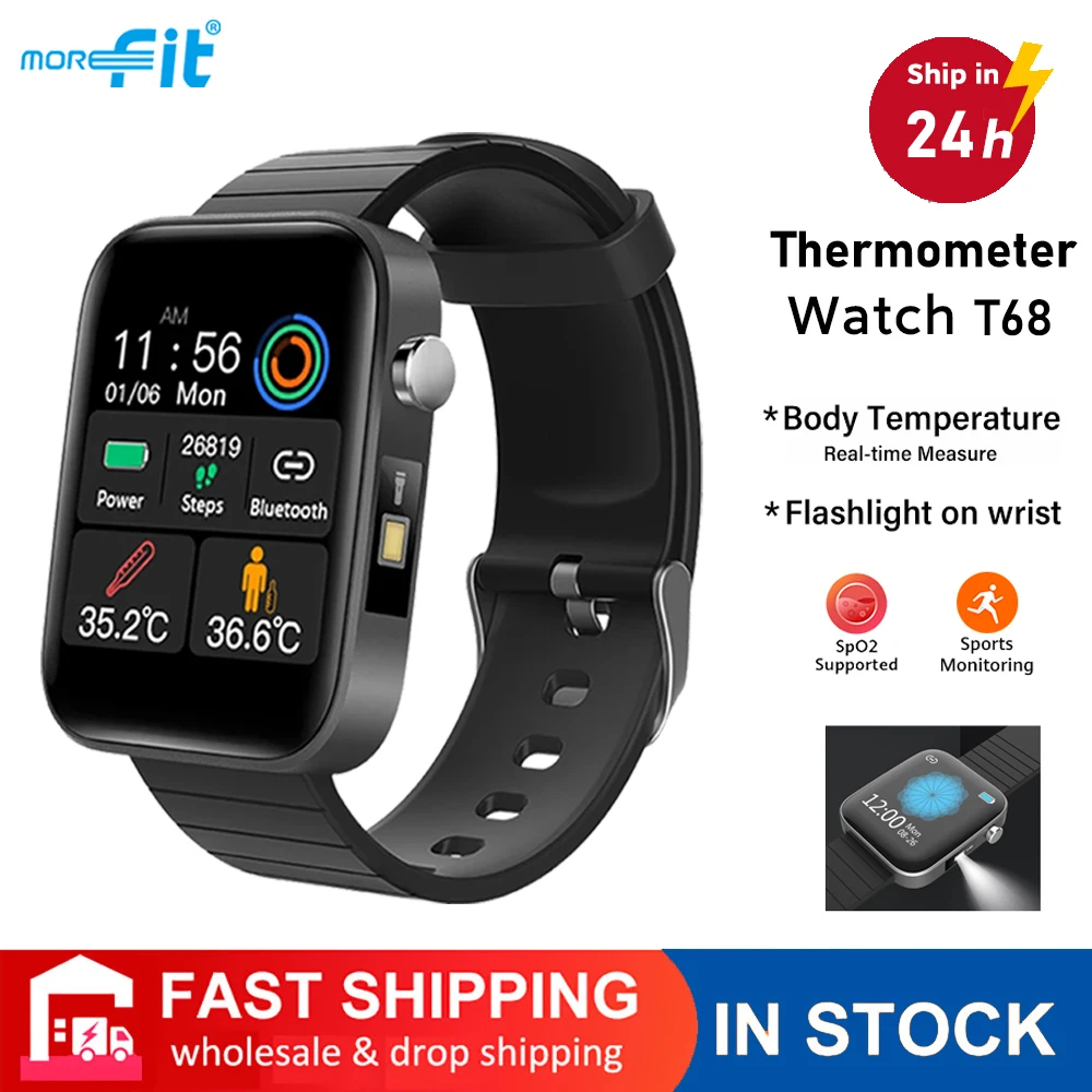 Más en forma T68 reloj inteligente en Tiempo Real Cuerpo medida temperatura relojes de monitor, con avisos de recordatorio con linterna SmartWatch