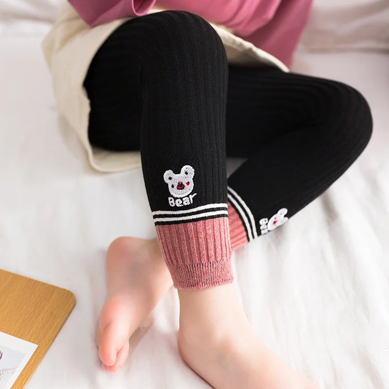 

Children Spring Autumn Sweet LeggingsCasual Soft Cotton Girls Cute Cartoon Bear Embroidery Skinny Stretch Pants 3 Colors