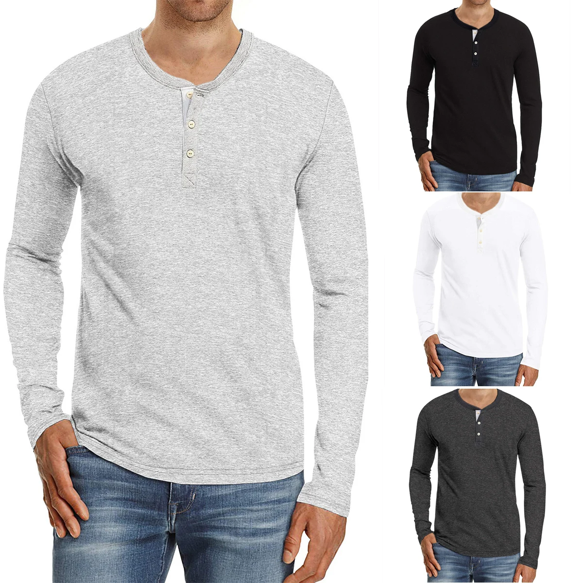 Mens Solid Color T-Shirts Autumn Long Sleeve Casual Buttons Crew Neck Shirts Slim Fashion Tops Male Clothes Outfits | Мужская одежда