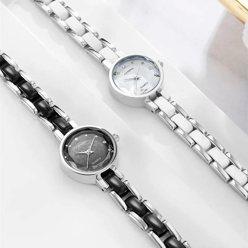 Relojes Mujer, женские часы с цветочным принтом и бриллиантами, SINOBI, новинка, черный/белый, маленький циферблат, элегантные кварцевые часы-браслет, женские часы