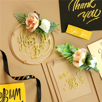 

DIY handwriting Artificial flowers Iron Acrylic Cake Toppers For Happy Birthday Party Wedding Decoration Baking Suplies