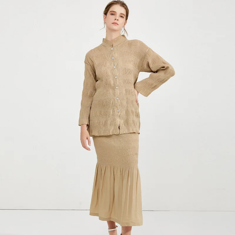 Miyake Ранняя весна плиссированный повседневный костюм женский кардиган ретро с длинным рукавом Топ+ тонкая обёрточная юбка костюм