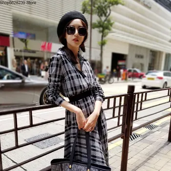 

France 2020 New Waist Check Pattern Irregular Hem Long Sleeve Long Money Women's Wear Dress 190708