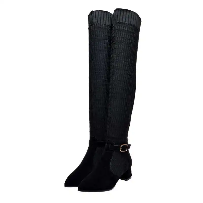 Vichelo Hot Internet star cow suede stretch fabric pointed toe med heels buckle straps winter women warm over-the-knee boots L77