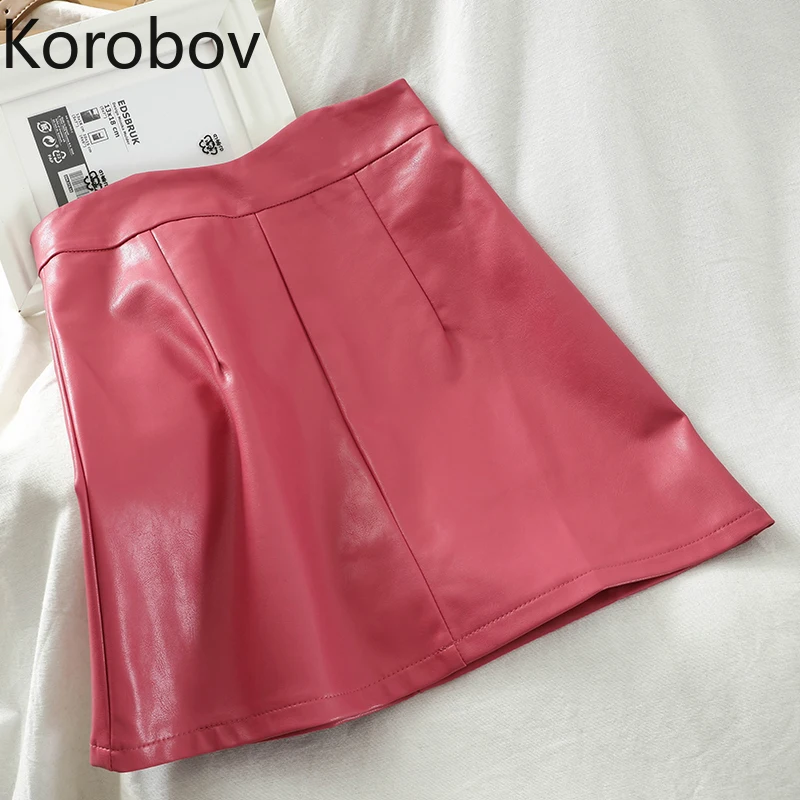 Винтажная однотонная уличная Женская юбка Korobov из искусственной кожи Корейская