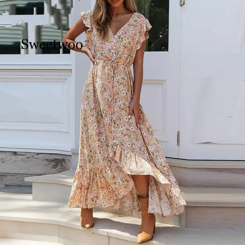 

Floral Print Long Dress Boho Summer Vestidos Buttons Sashes Ladies Maxi Dresses Casual Female 2020 Spring New