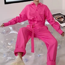 Модный мужской Модный комбинезон, мужской трендовый простой свободный розовый комбинезон в стиле хип-хоп, костюмы певицы