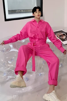 

2020 New Fashion men's fashion jumpsuit overalls men's trend simple loose hip hop pink jumpsuit singer costumes