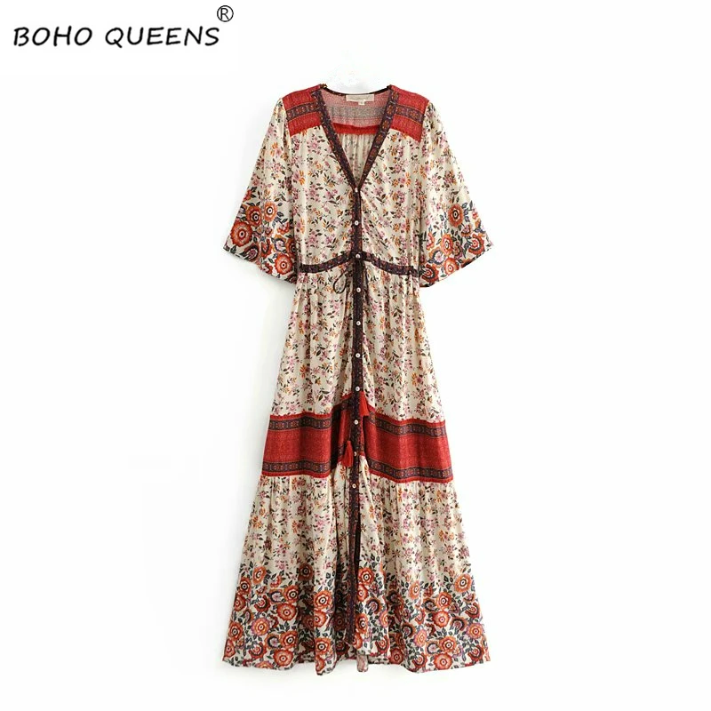 Boho шикарные женские красные цветочные принты с рукавом летучая мышь пляжные богемные вискозные Хлопковые Платья-макси женские платья с v-образным вырезом и кисточками happie vestidos