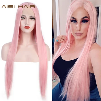 

AISI HAIR Light Pink Synthetic Lace Front Wig Long Straight Wigs for Black Women Middle Part Black Red Cosplay Lace Wig