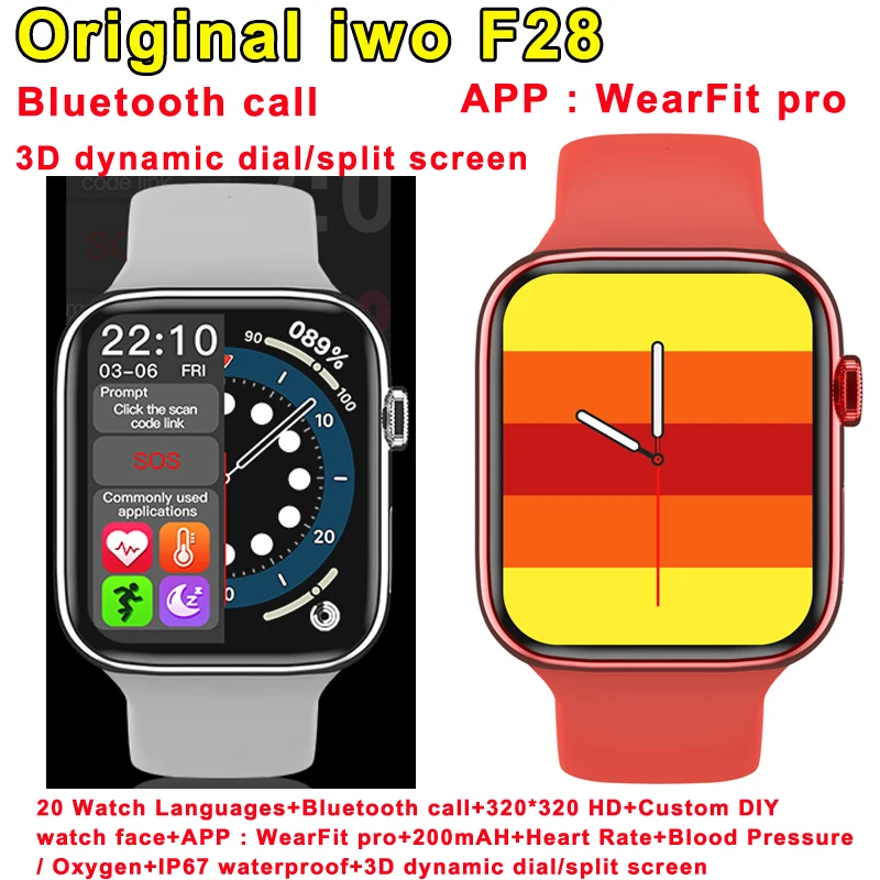 Original iwo F28 Smart Watch Bluetooth Call IP67 Waterproof Heart Rate Monitor Blood Pressure Oxygen 3D Dynamic Dial Smartwatch |
