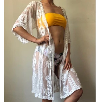 

50pc Women Sheer Sexy Women Lace Up Bikini Cover Up Beachwear Beach Cardigan Wide Sleeve Wrap Long Blouse Kimono