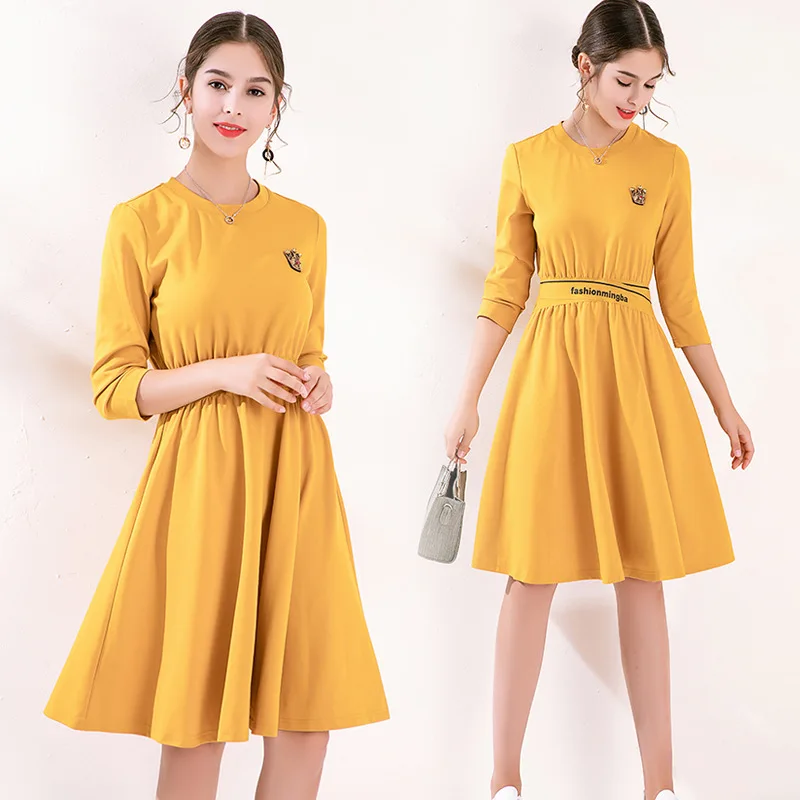 

Autumn Clothing Dress Women's Ozhouzhan 2019 New Style Fashion Three-quarter-length Sleeve Versatile Waist Hugging Slimming Soli